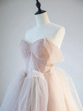 Champagne Pink A-Line Off Shoulder Tulle Lace Long Prom Dress